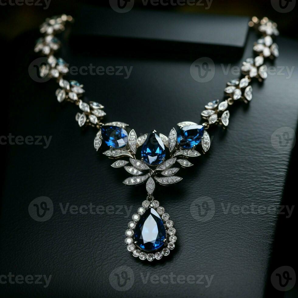 diamantes com a Sombrio azul safira colar em uma Preto fundo. foto