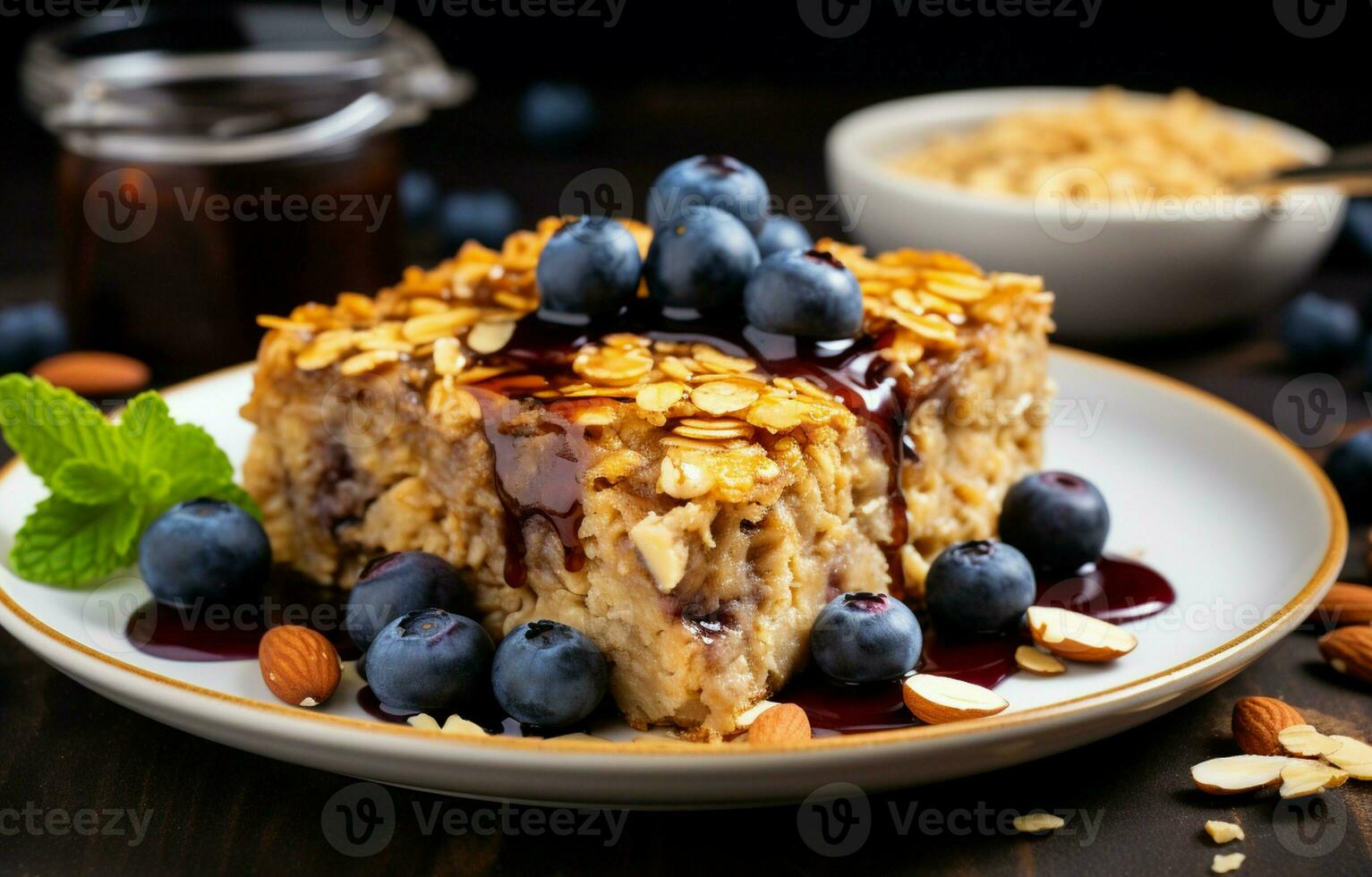 cozido aveia torta com amoras, amendoim manteiga, e cru querida servido em uma branco placa. isto caseiro, saudável, vegetariano sobremesa é perfeito para Essa assistindo seus dieta. foto