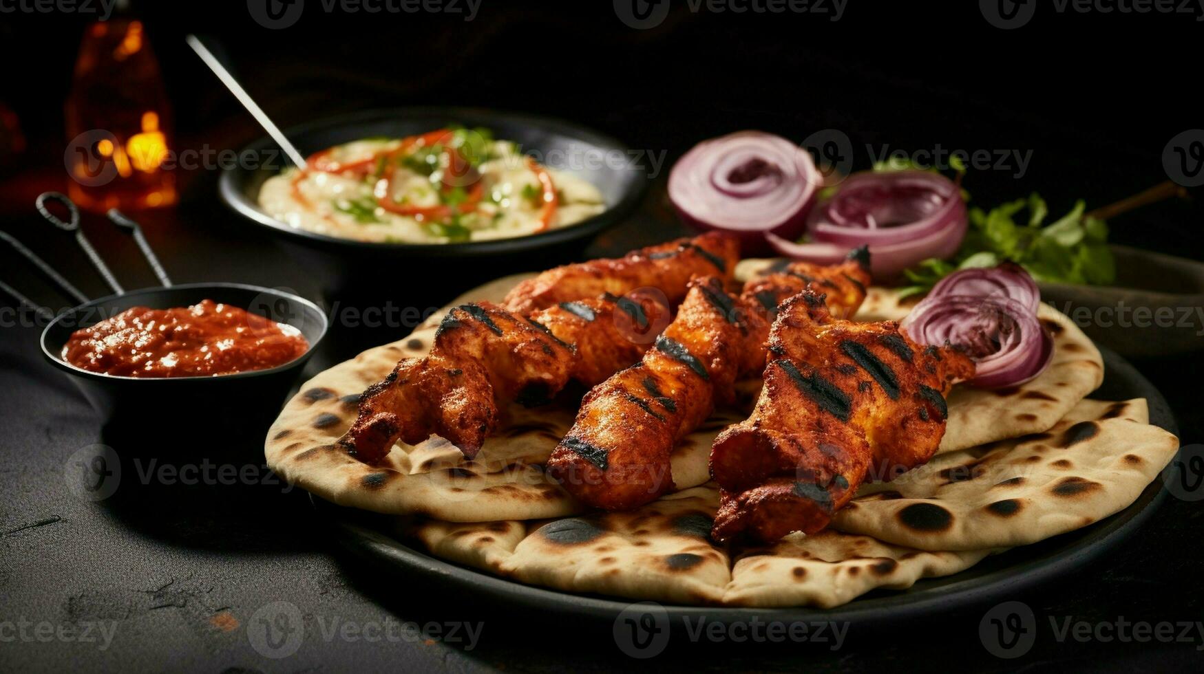 tradicional Bangladeshi irritável Comida frango tandoori e tikka com alho naan. foto