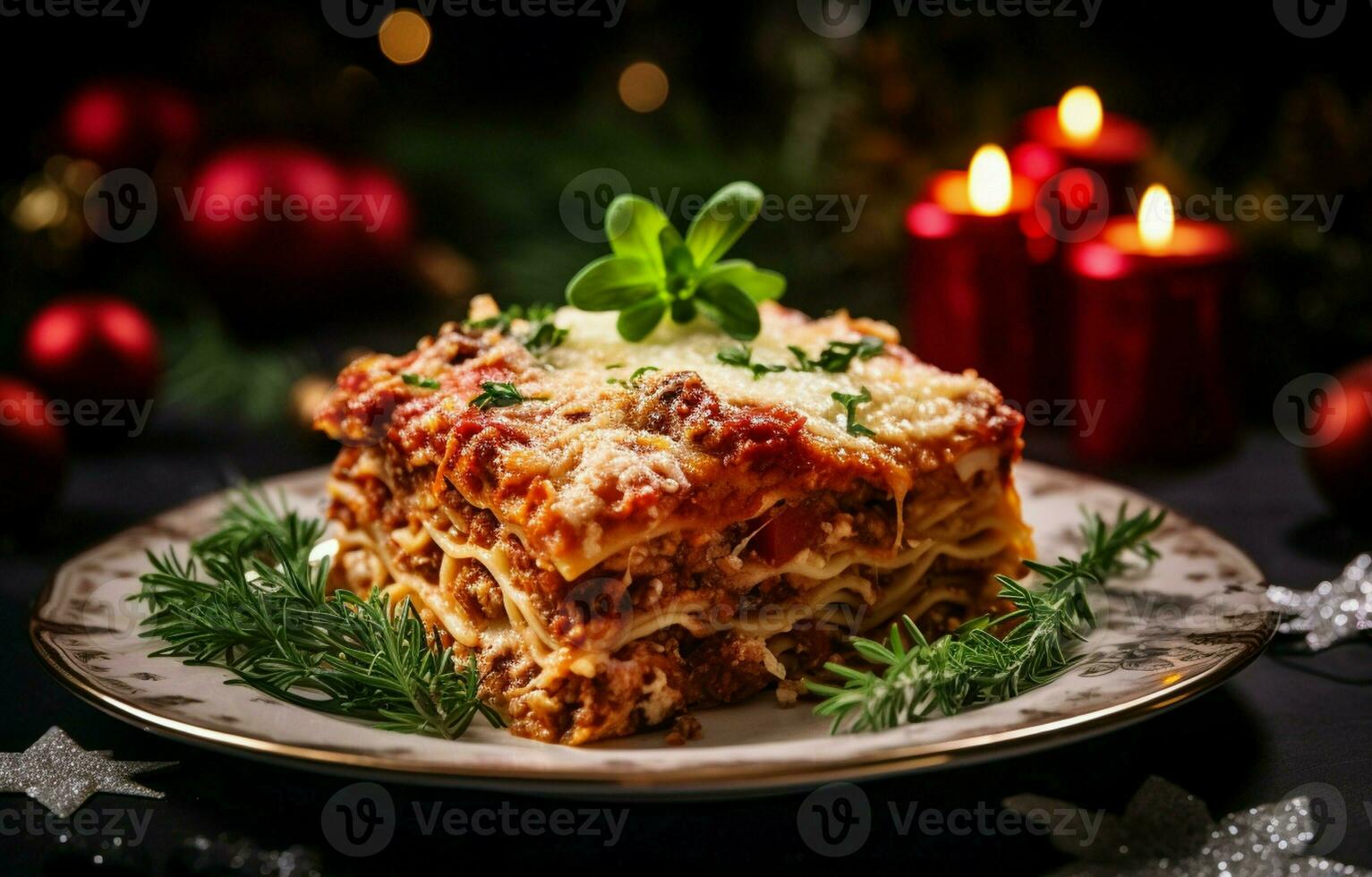 fechar-se do uma delicioso quente lasanha com Natal decoração em uma luz fundo. Está uma tradicional italiano prato fez com caseiro massa. foto