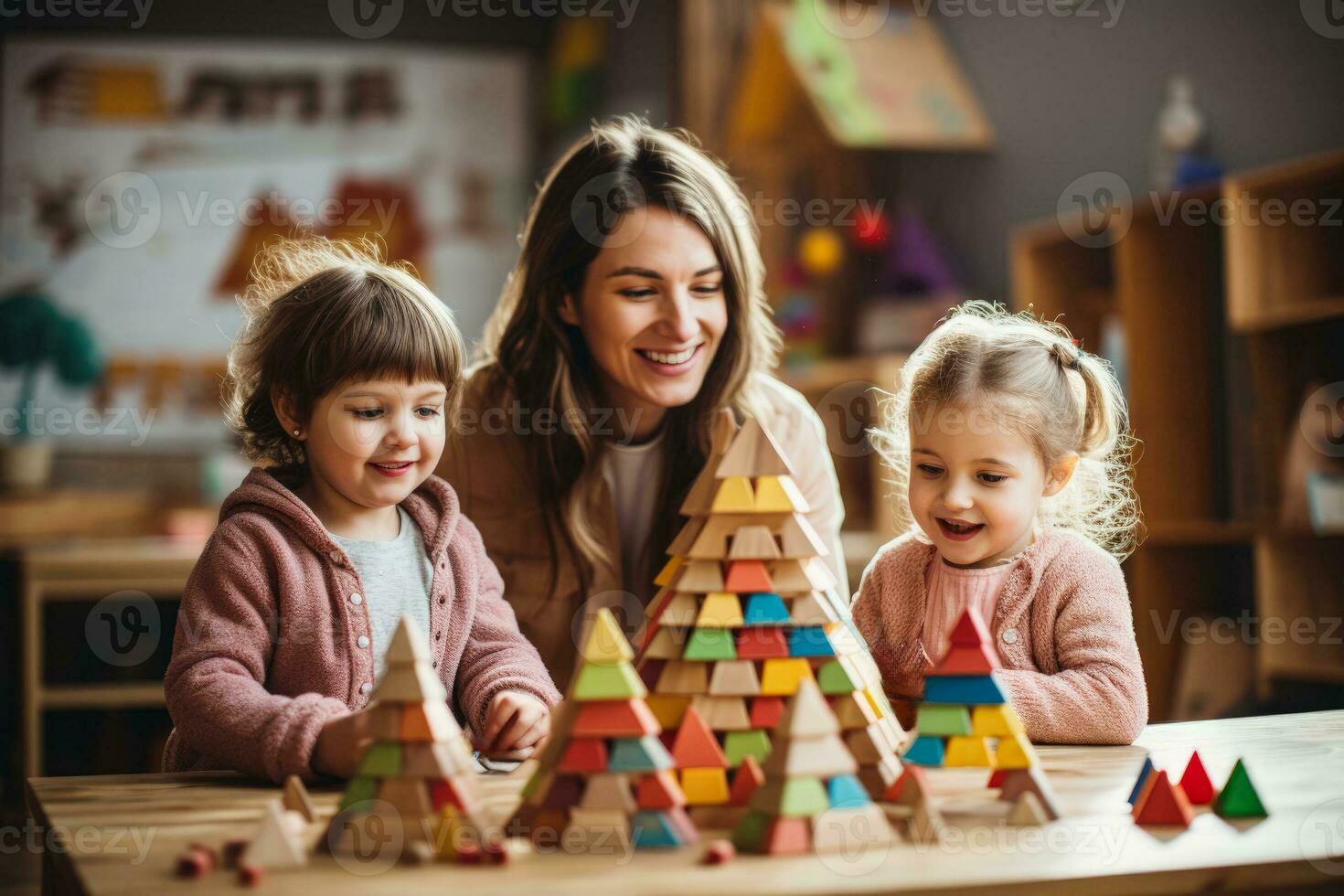 pré escola professor e crianças jogando com colorida de madeira brinquedos foto