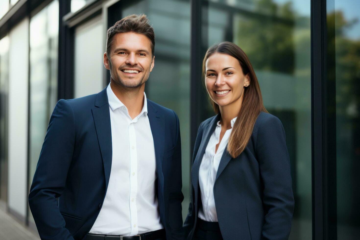 o negócio casal sorridente dentro a escritório foto