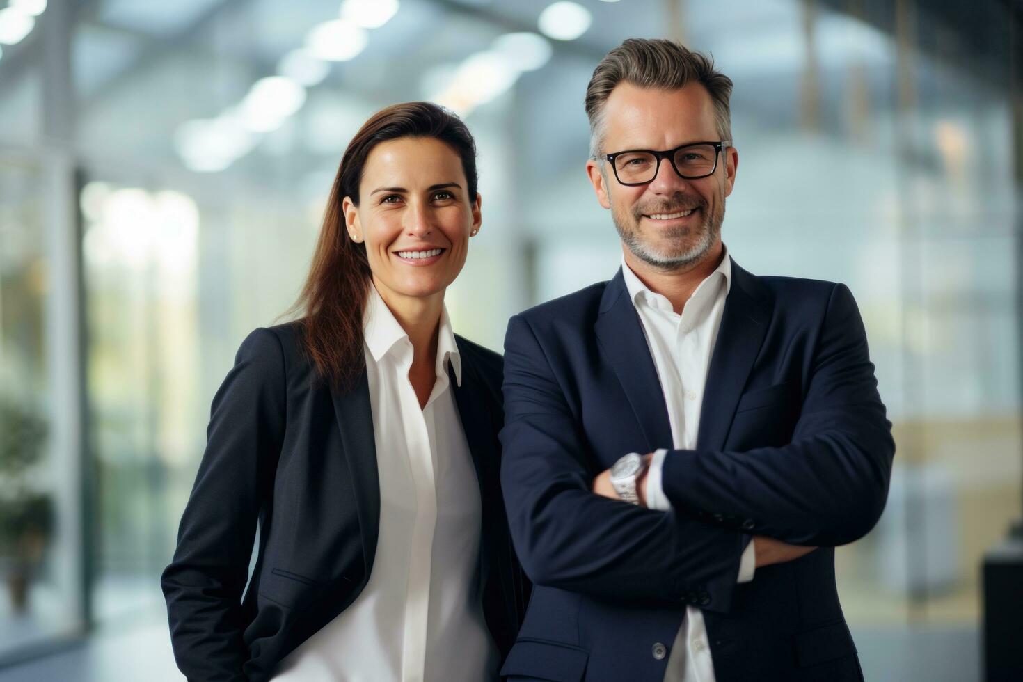 o negócio casal sorridente dentro a escritório foto