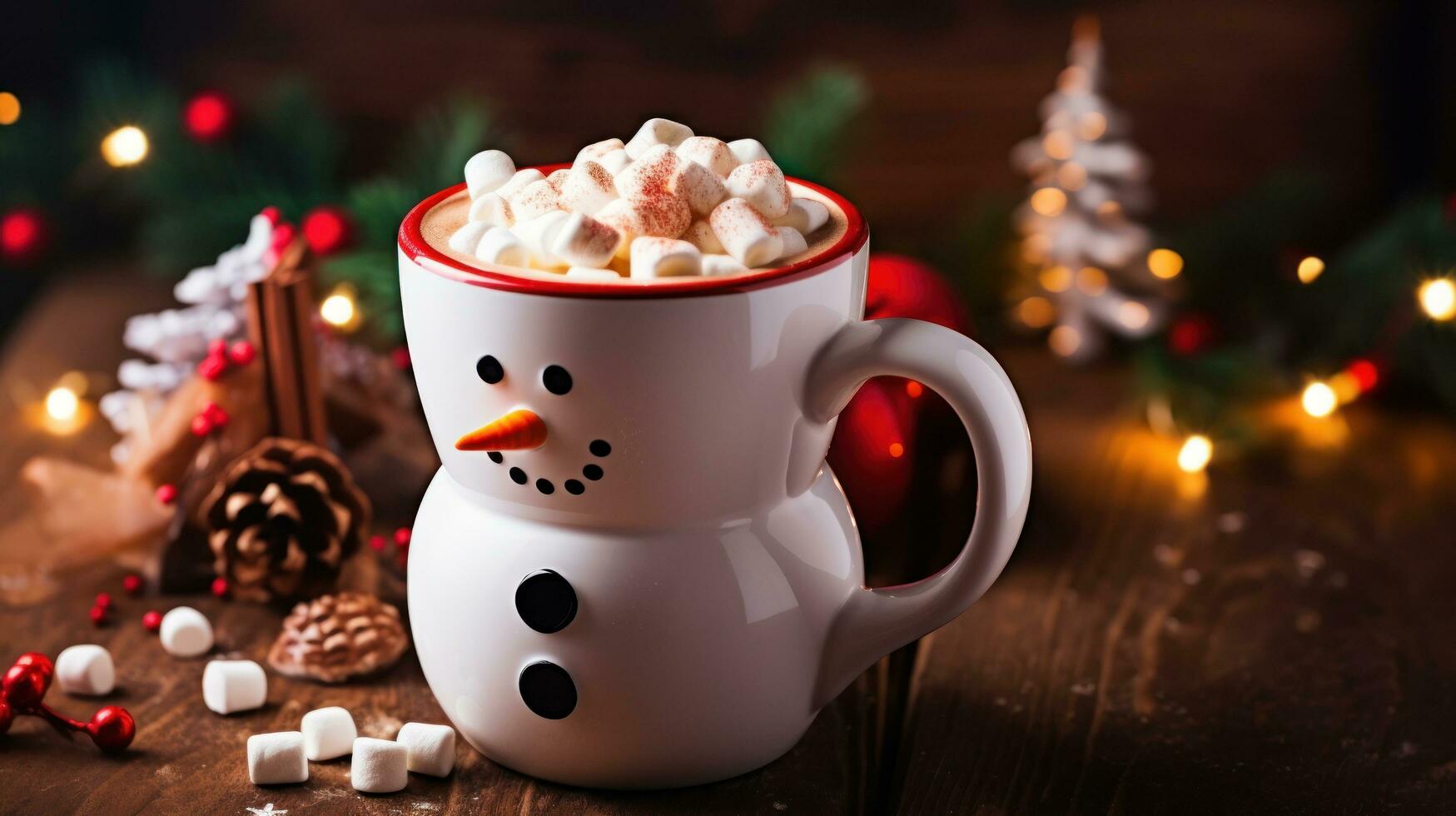 uma Natal caneca do quente chocolate com pequeno boneco de neve em forma marshmallows foto