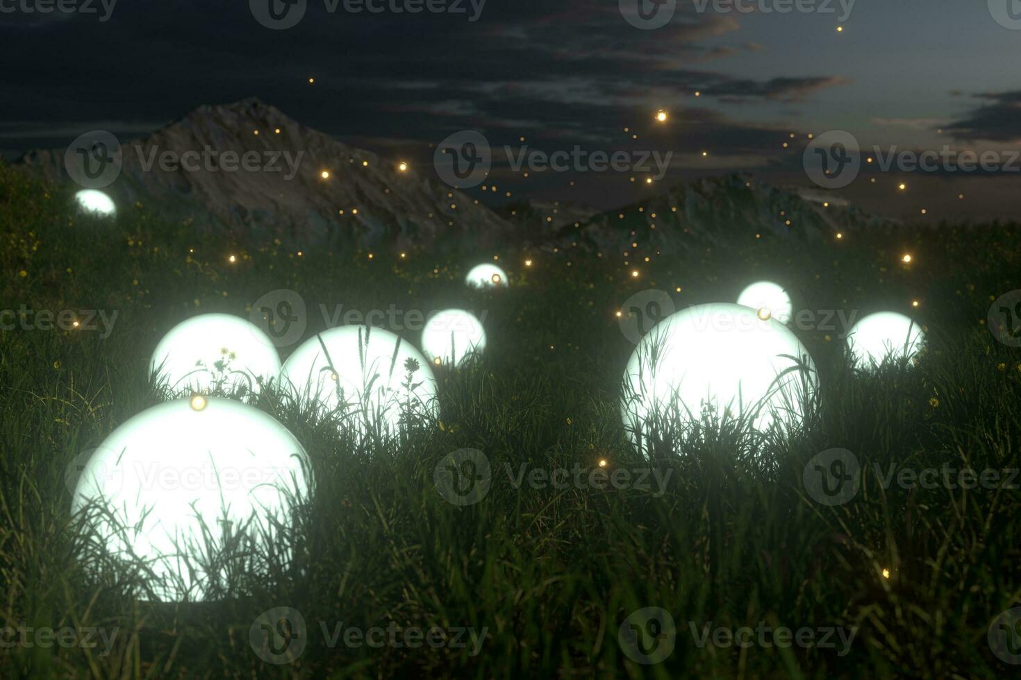 brilhando Magia bolas dentro a Relva campo, 3d Renderização. foto