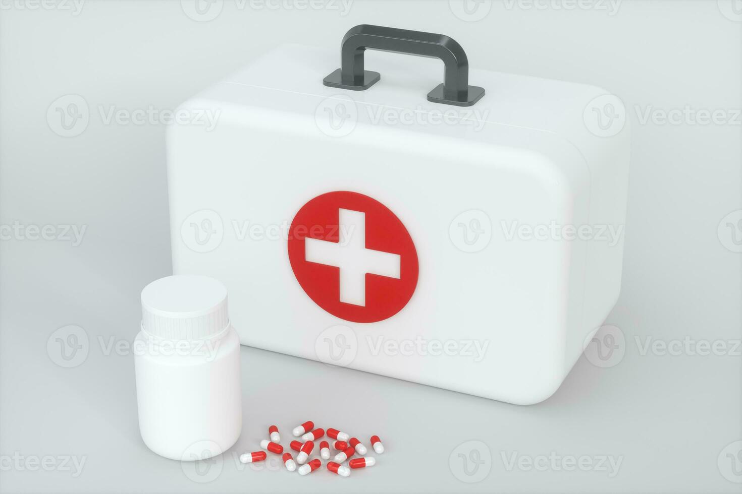 médico kit e emergência médico equipamento com branco plano de fundo,3d Renderização. foto