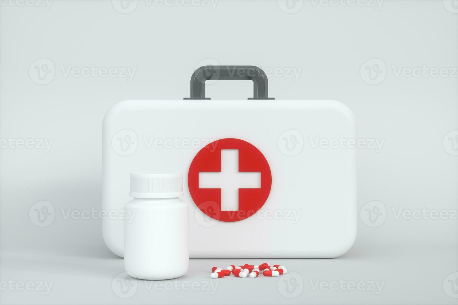 médico kit e emergência médico equipamento com branco plano de fundo,3d Renderização. foto