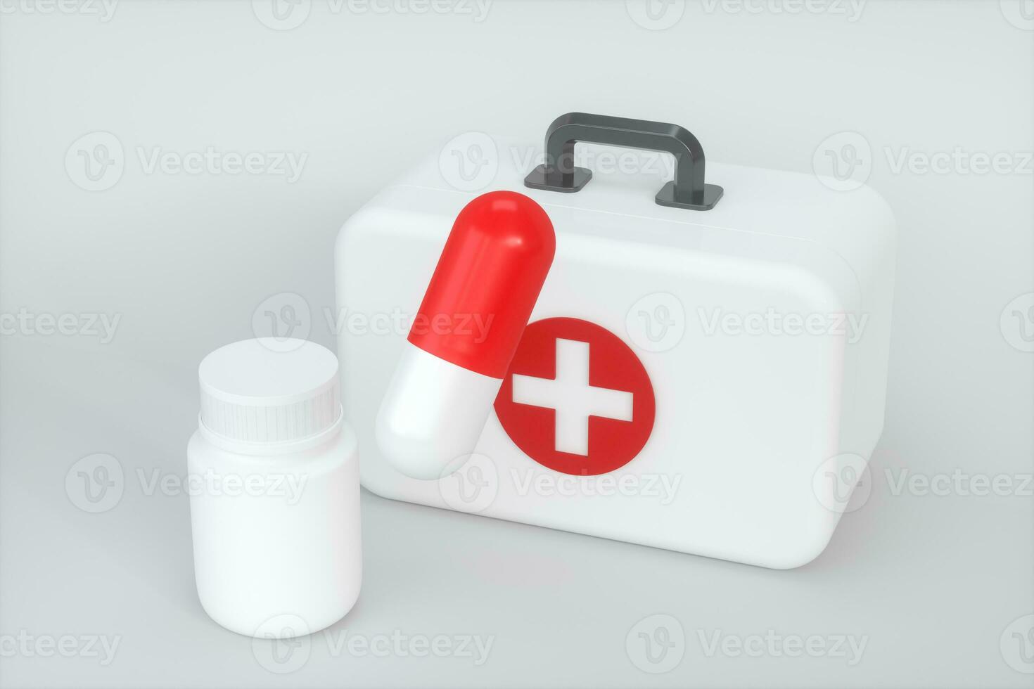 médico kit e emergência médico equipamento com branco plano de fundo,3d Renderização. foto