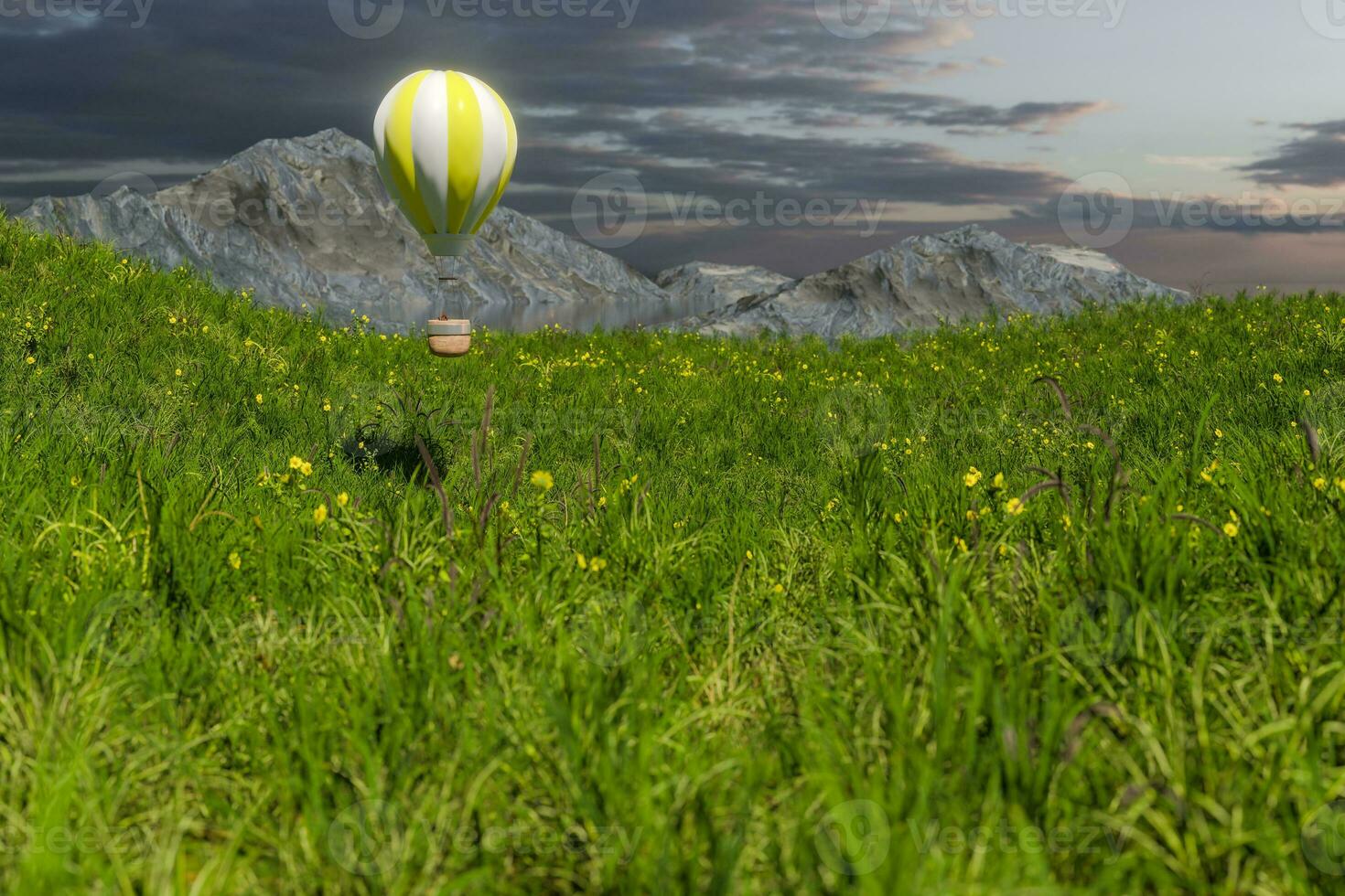 vôo ar quente balão sobre a Relva campo, 3d Renderização. foto