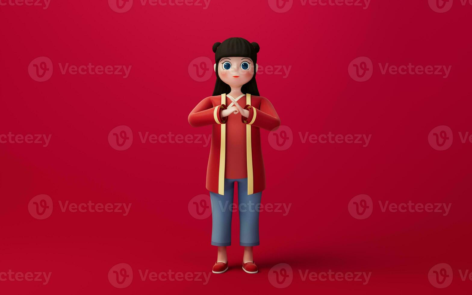 uma chinês menina com vermelho fundo, desenho animado personagem, 3d Renderização. foto