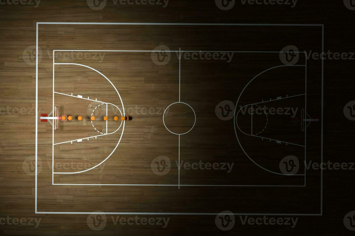 basquetebol quadra com de madeira chão, 3d Renderização. foto