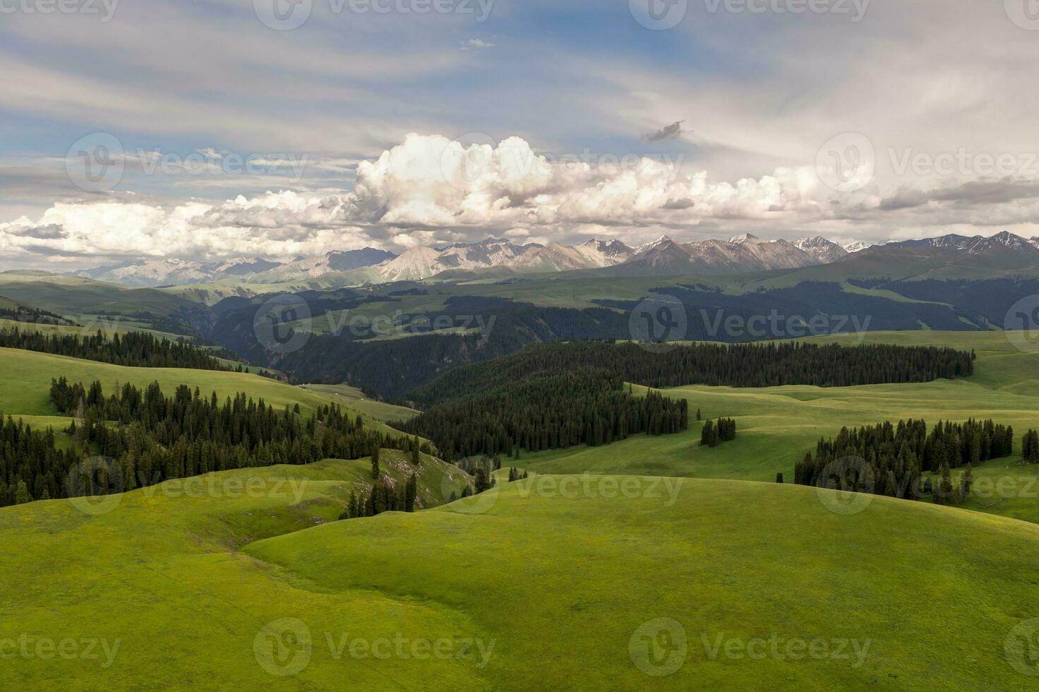 montanha picos e pastagem estão debaixo branco nuvens. foto