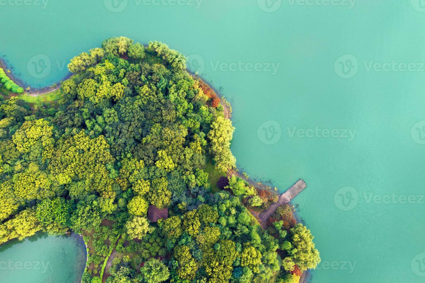 olhando baixa para a ilha dentro a lago. foto