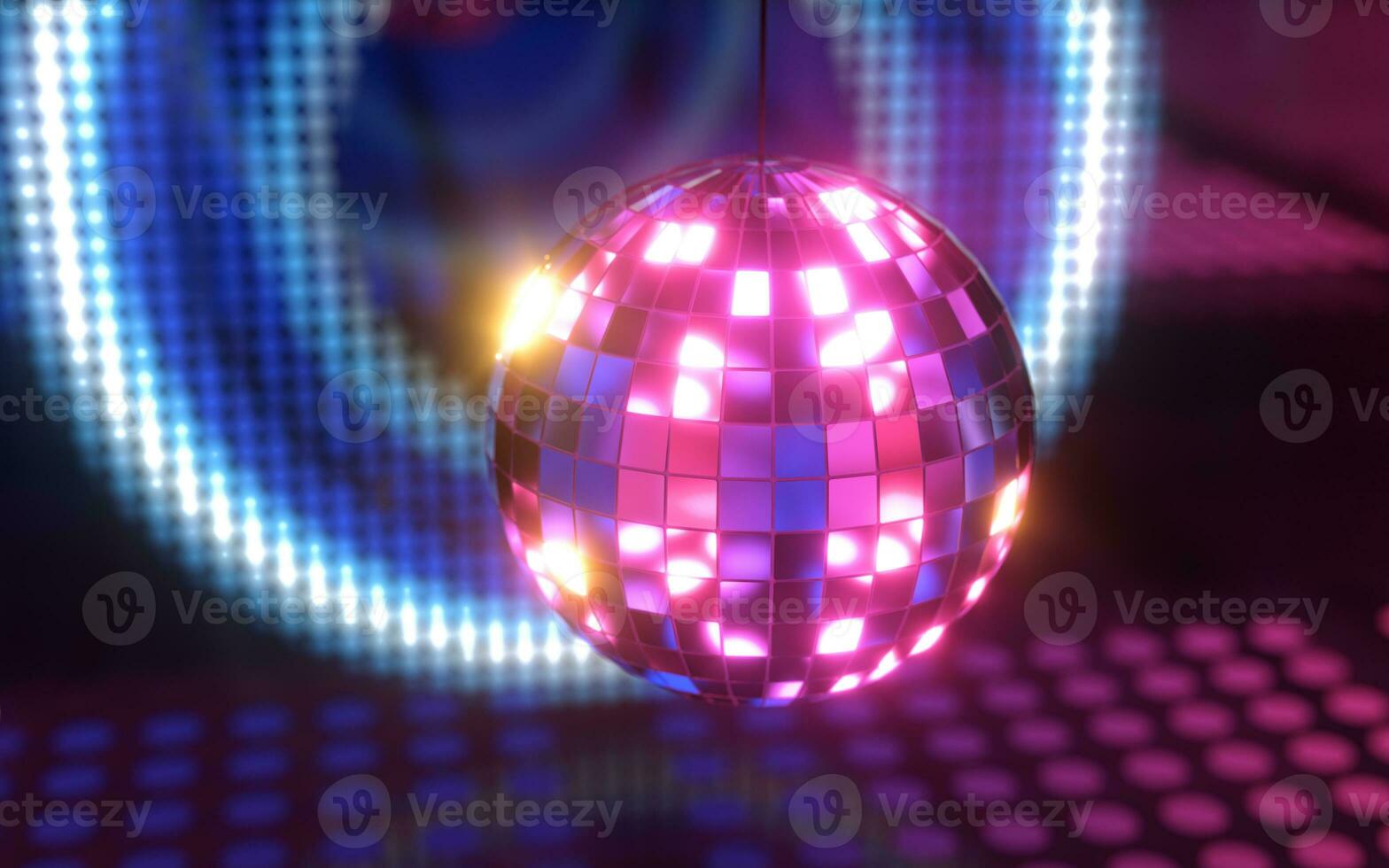 brilhante discoteca bola com néon luz fundo, 3d Renderização. foto