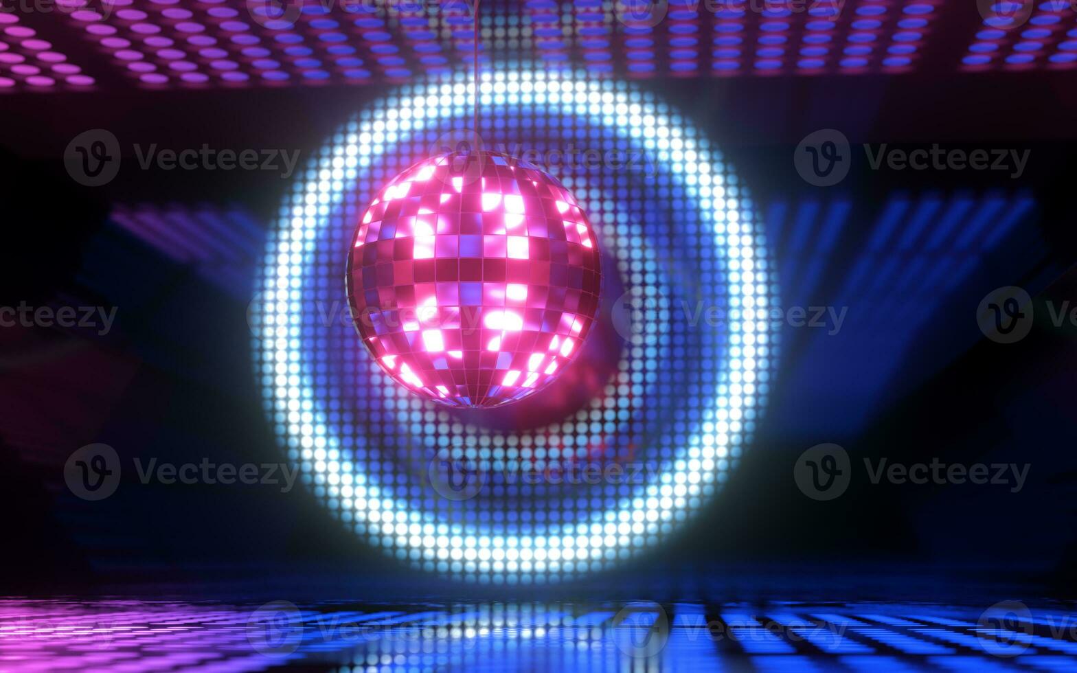 brilhante discoteca bola com néon luz fundo, 3d Renderização. foto