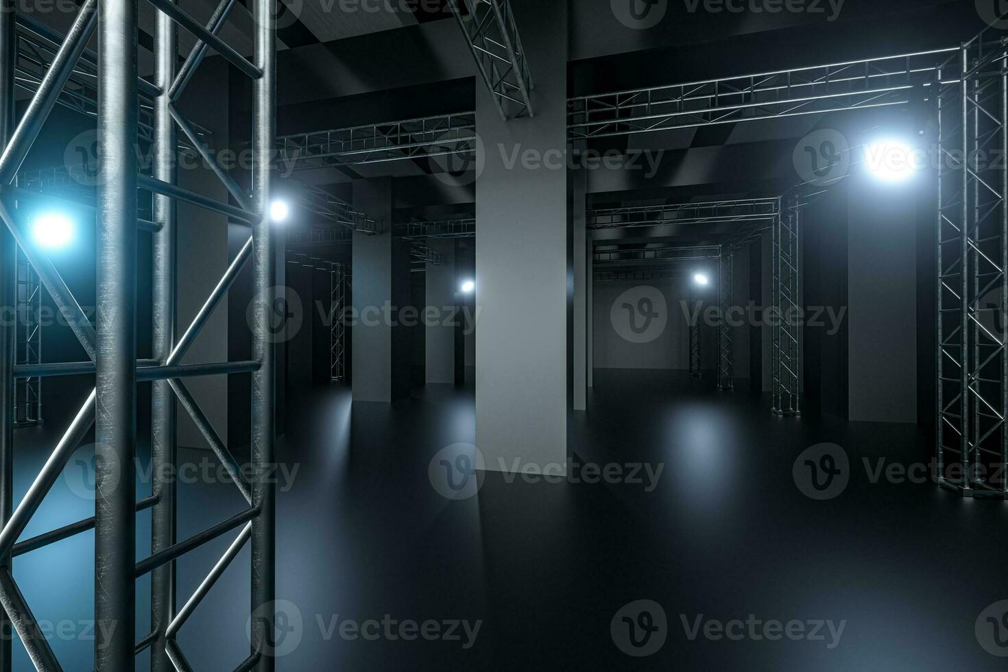 cimento e reforço com projetor lâmpadas dentro a Sombrio sala, 3d Renderização. foto