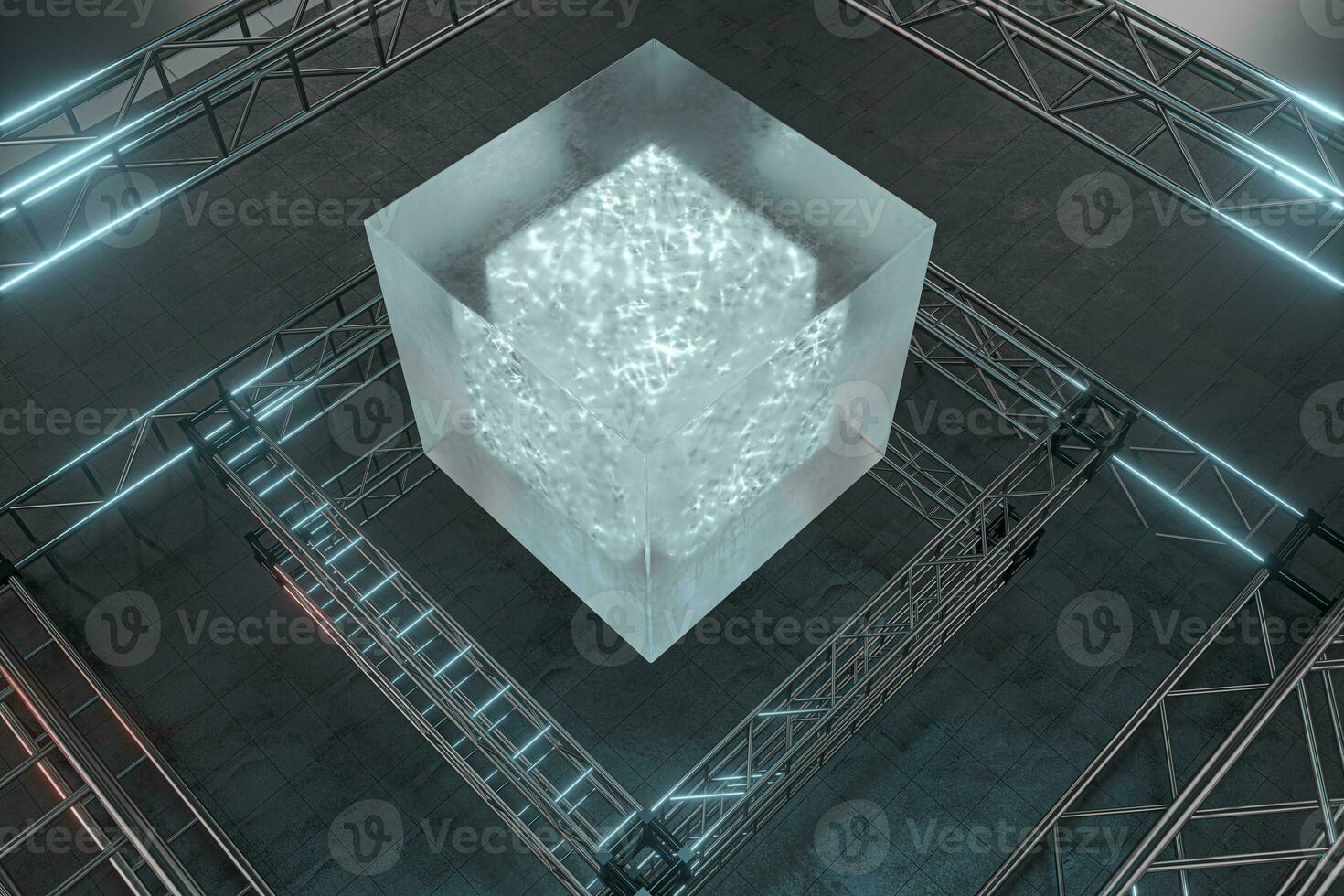 polido metal quadro, uma transparente suspenso cubo, 3d Renderização. foto