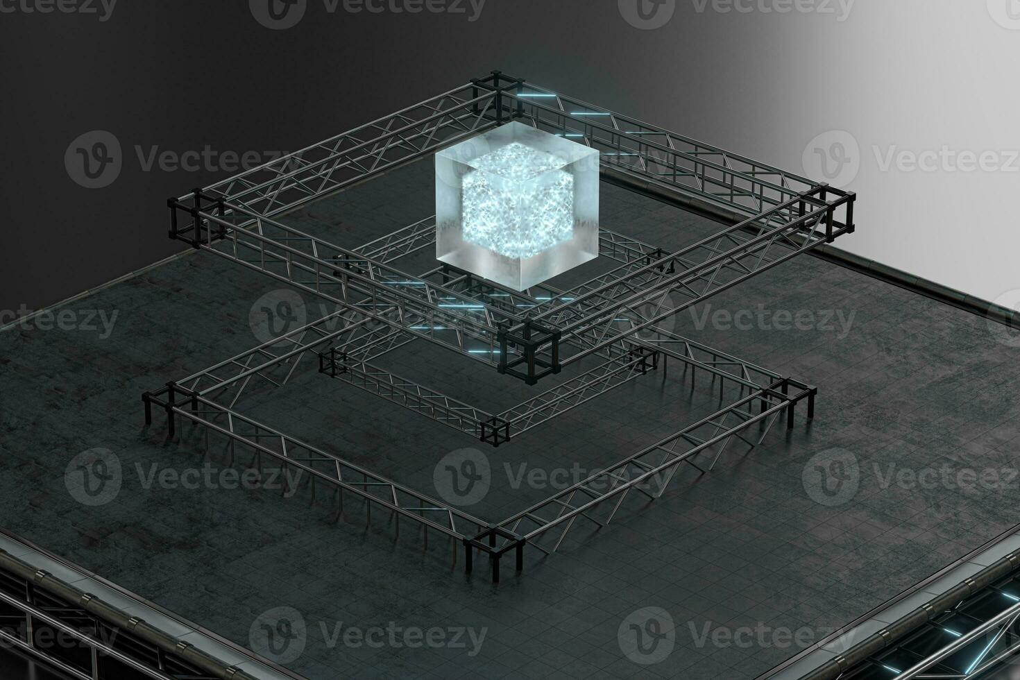 polido metal quadro, uma transparente suspenso cubo, 3d Renderização. foto