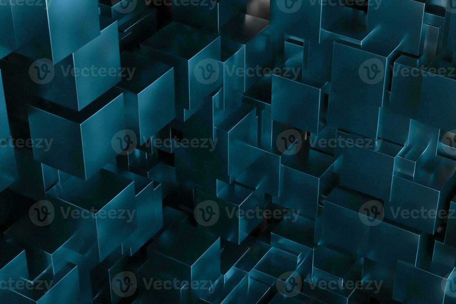 uma quarto cheio com Sombrio cubos, iluminado de brilhando cubos, 3d Renderização foto