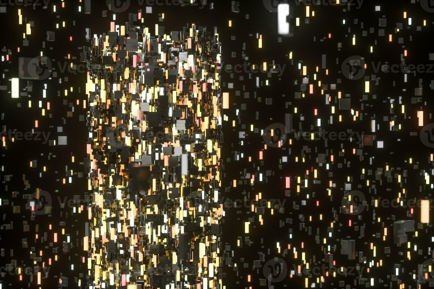 uma quarto cheio com Sombrio cubos, iluminado de brilhando cubos, 3d Renderização foto