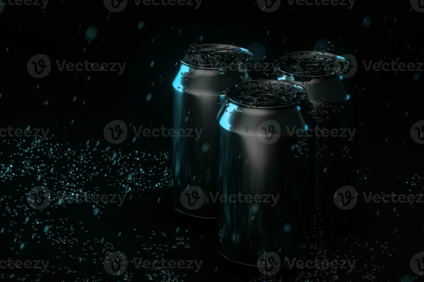 a chuva gotas caiu em latas, latas com Sombrio fundo, 3d Renderização. foto