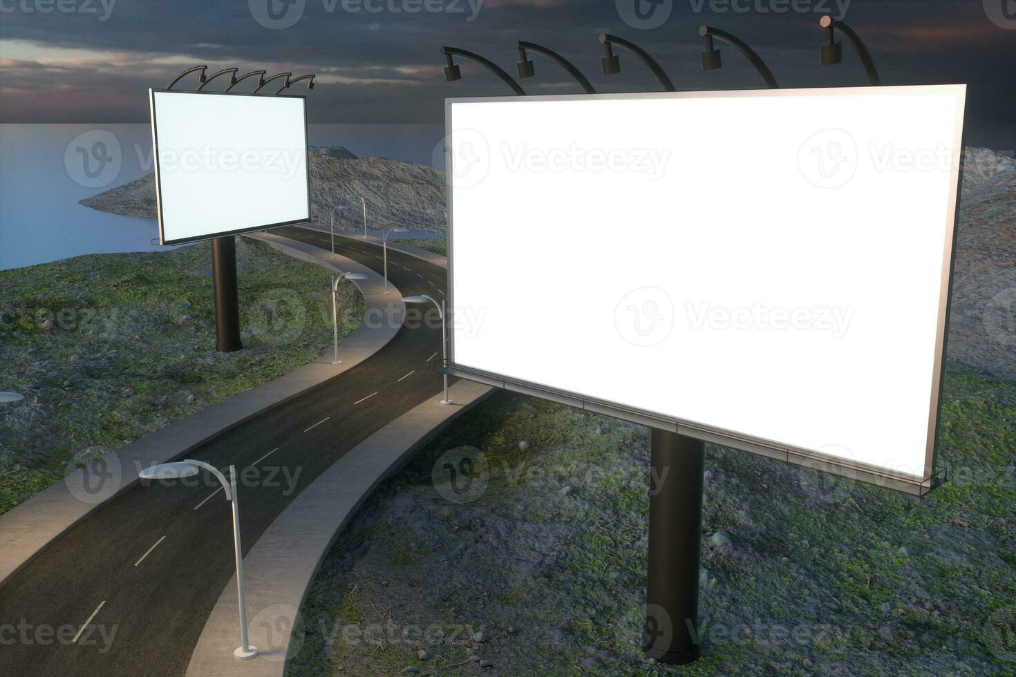 em branco publicidade borda e enrolamento estrada, 3d Renderização foto