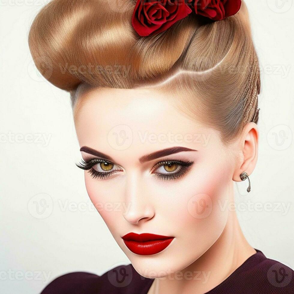 uma mulher com uma inspiração retrô vitória lista Penteado, clássico beleza. generativo ai. foto