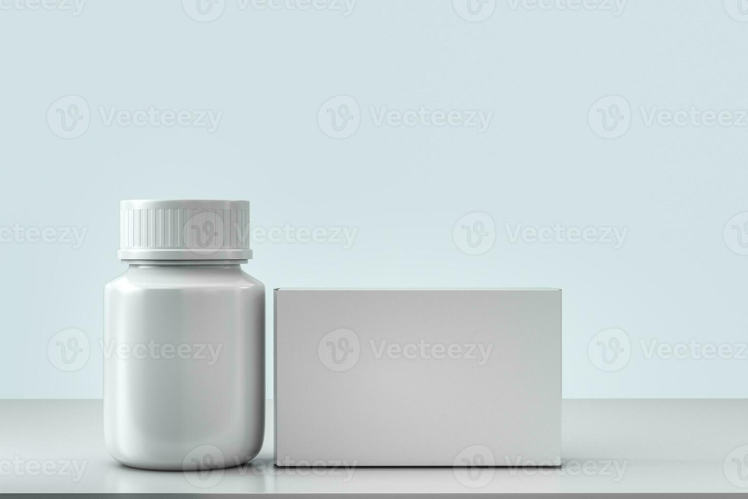 3d Renderização, branco remédio garrafa com pacote caixas foto