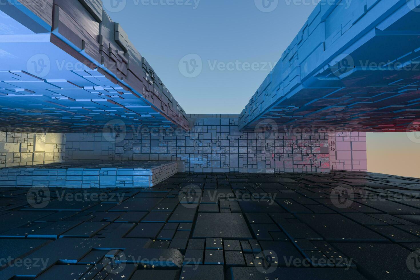 Sombrio ruínas com o circuito textura parede, ficção científica arquitetura fundo, 3d Renderização. foto
