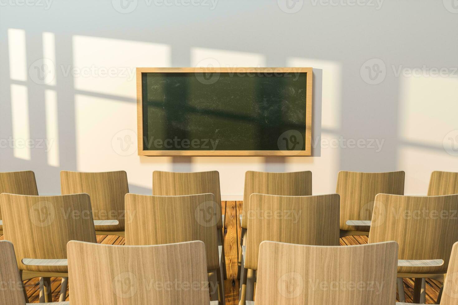 uma Sala de aula com cadeiras dentro e uma quadro-negro dentro a frente do a sala, 3d Renderização. foto