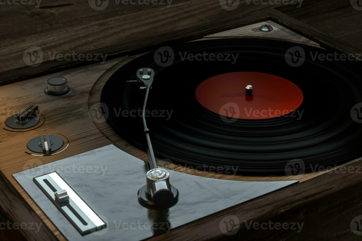 a velho de madeira vinil registro jogador em a mesa, 3d Renderização. foto