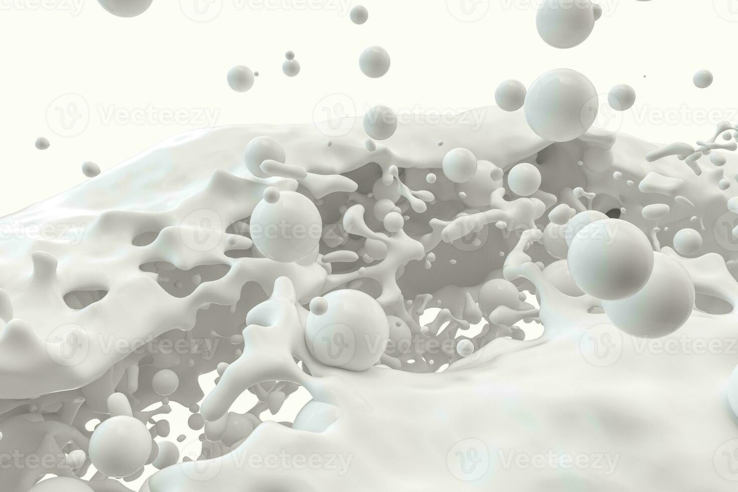 pureza espirrando leite com vôo esferas, 3d Renderização. foto