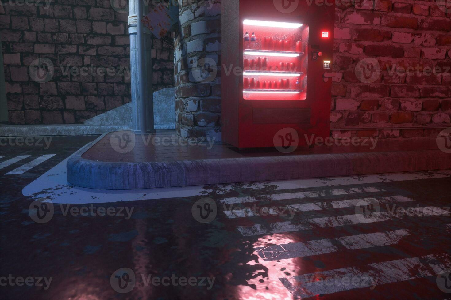 uma retro rua com vending máquinas em a lado do a estrada às noite, 3d Renderização. foto