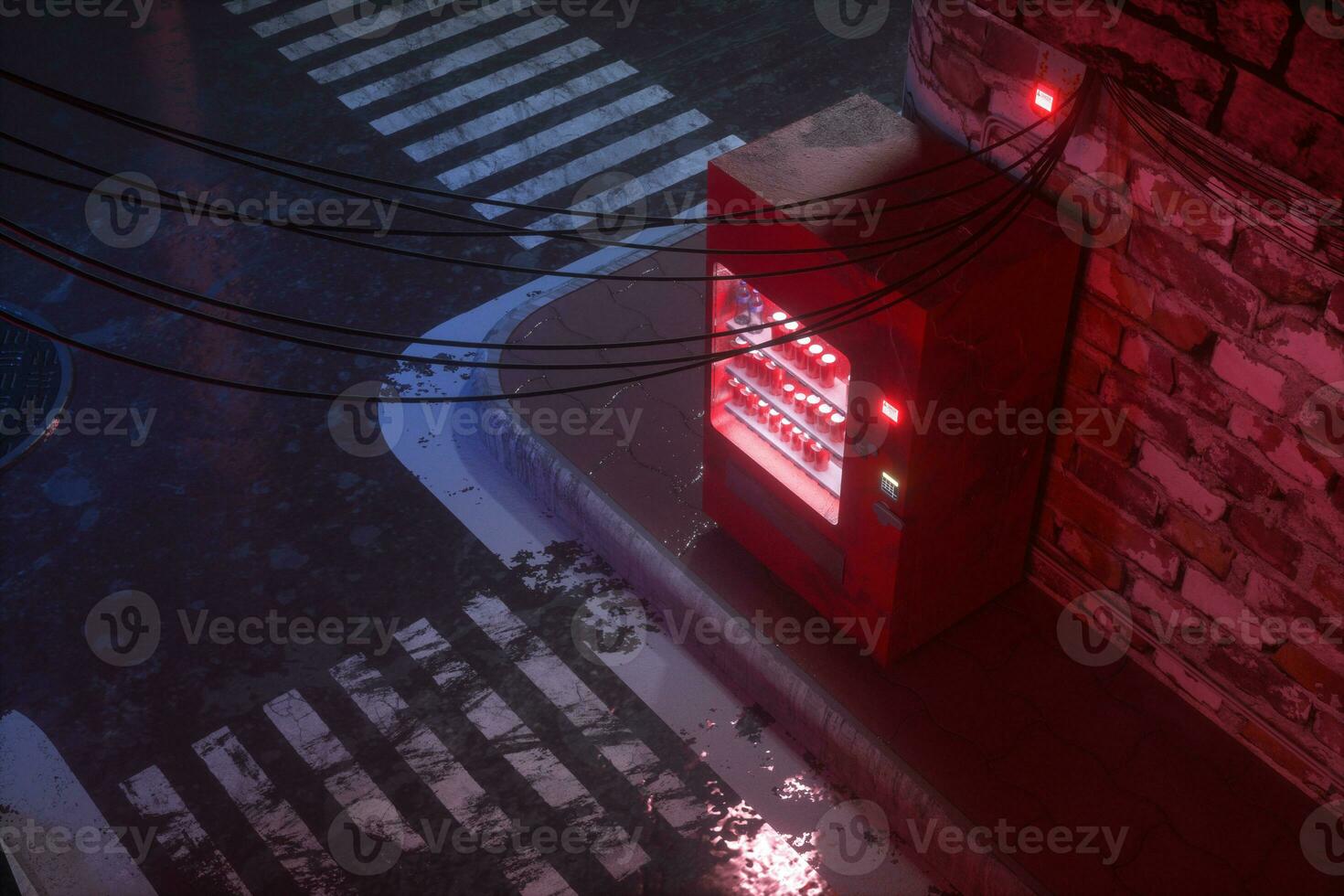 uma retro rua com vending máquinas em a lado do a estrada às noite, 3d Renderização. foto