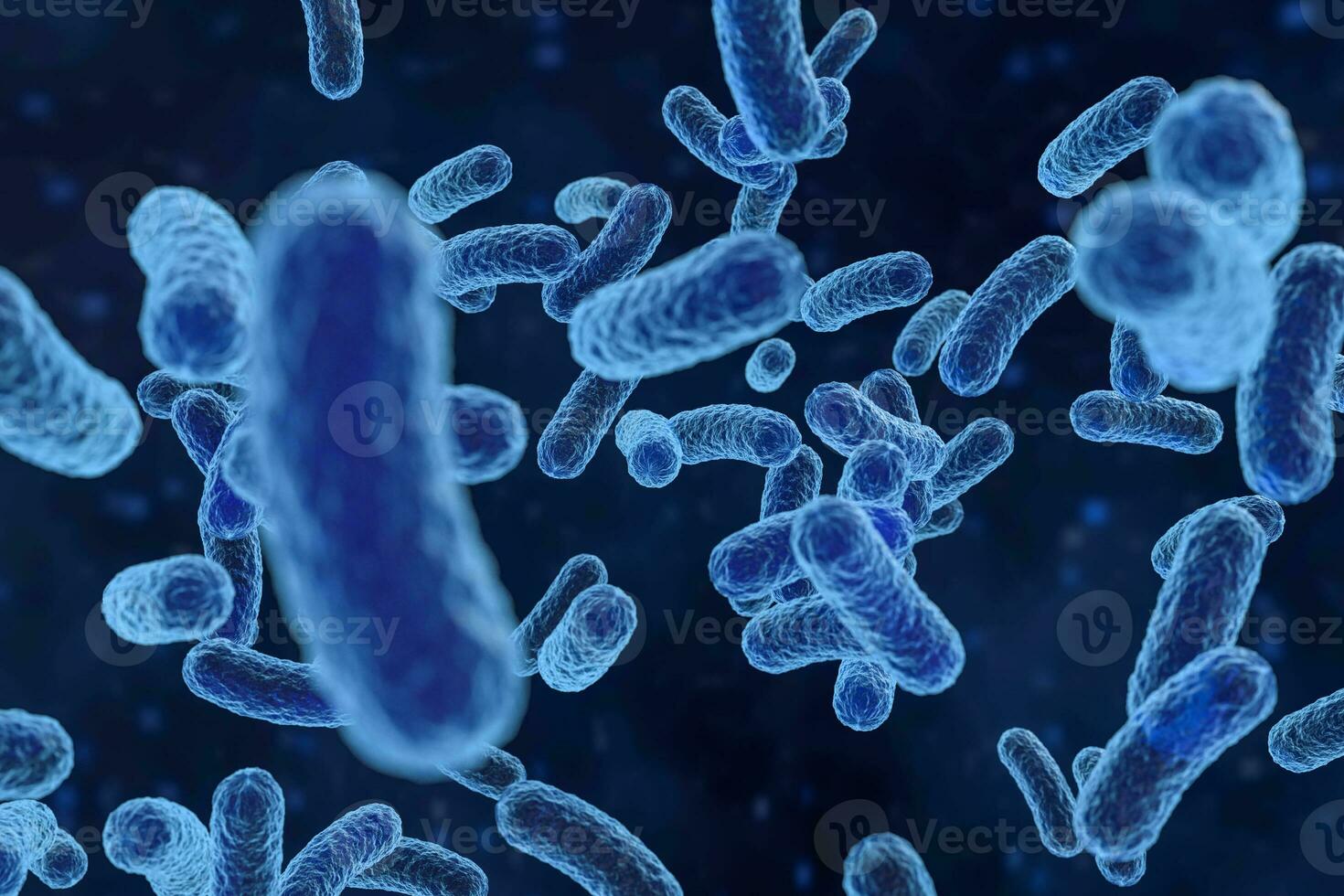 infeccioso vírus com superfície detalhes em azul fundo, 3d Renderização. foto