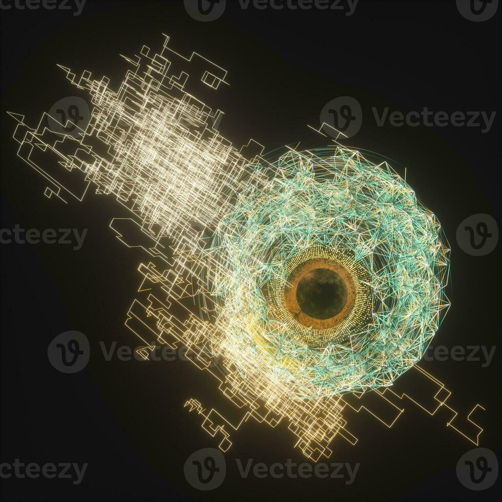 abstrato mecânico globo ocular com alta tecnologia linha, 3d Renderização. foto