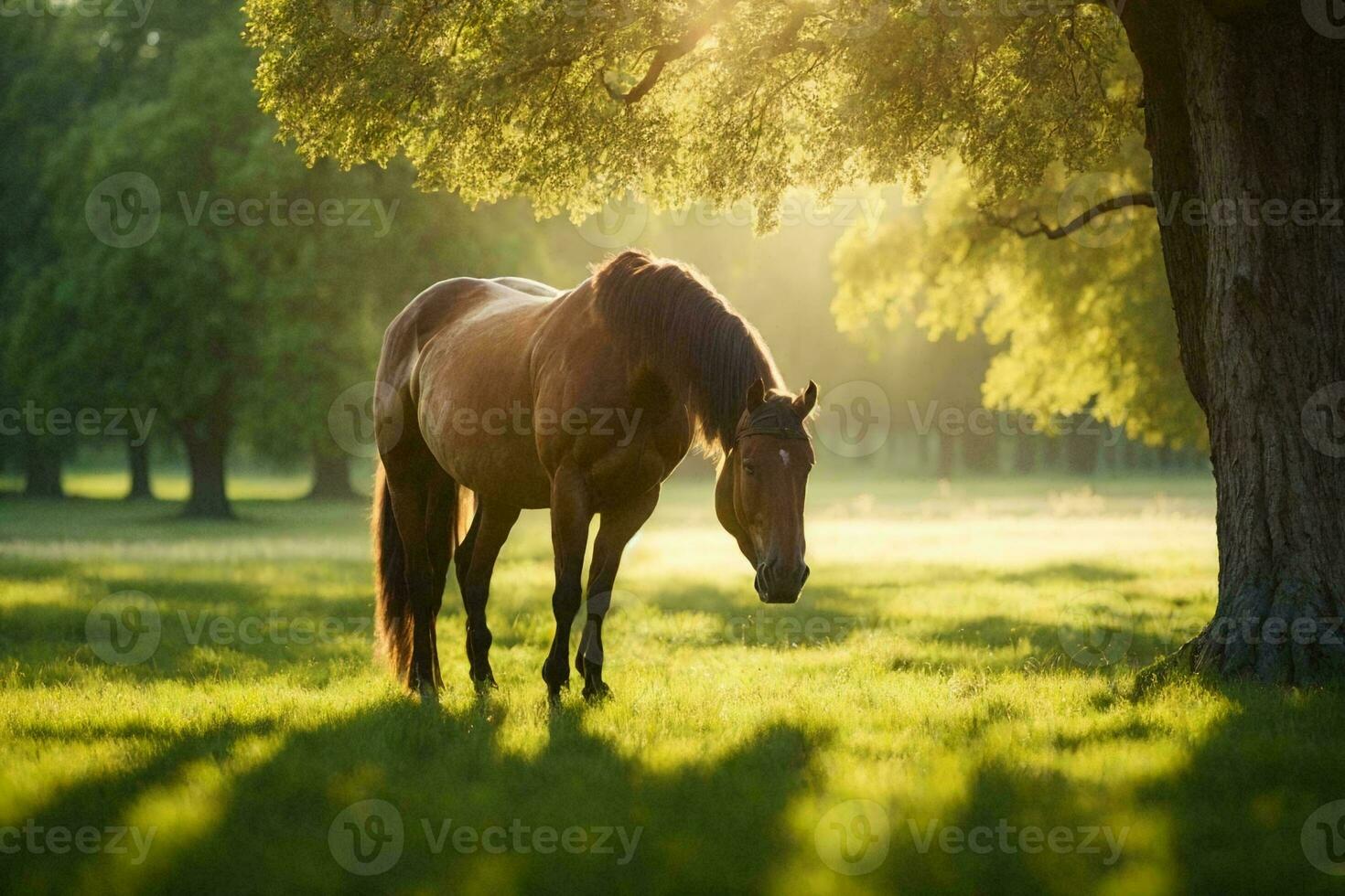 uma cavalo pastar dentro uma sereno Prado, cercado de exuberante verde Relva e colorida flores silvestres. foto