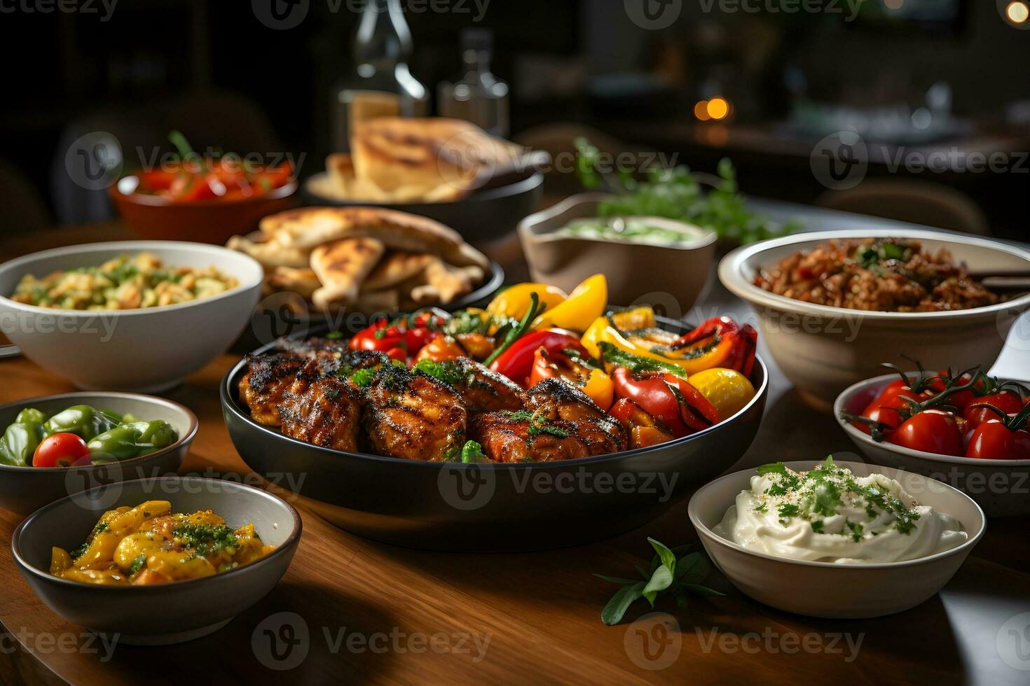 fotografia do uma de dar água na boca prato do comida, conjunto contra uma Sombrio fundo. foto