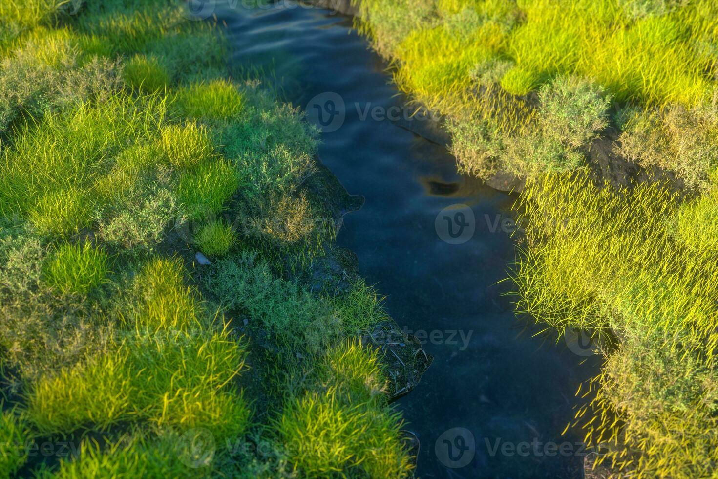 a rio entre a montanhas dentro uma ensolarado dia, 3d Renderização foto