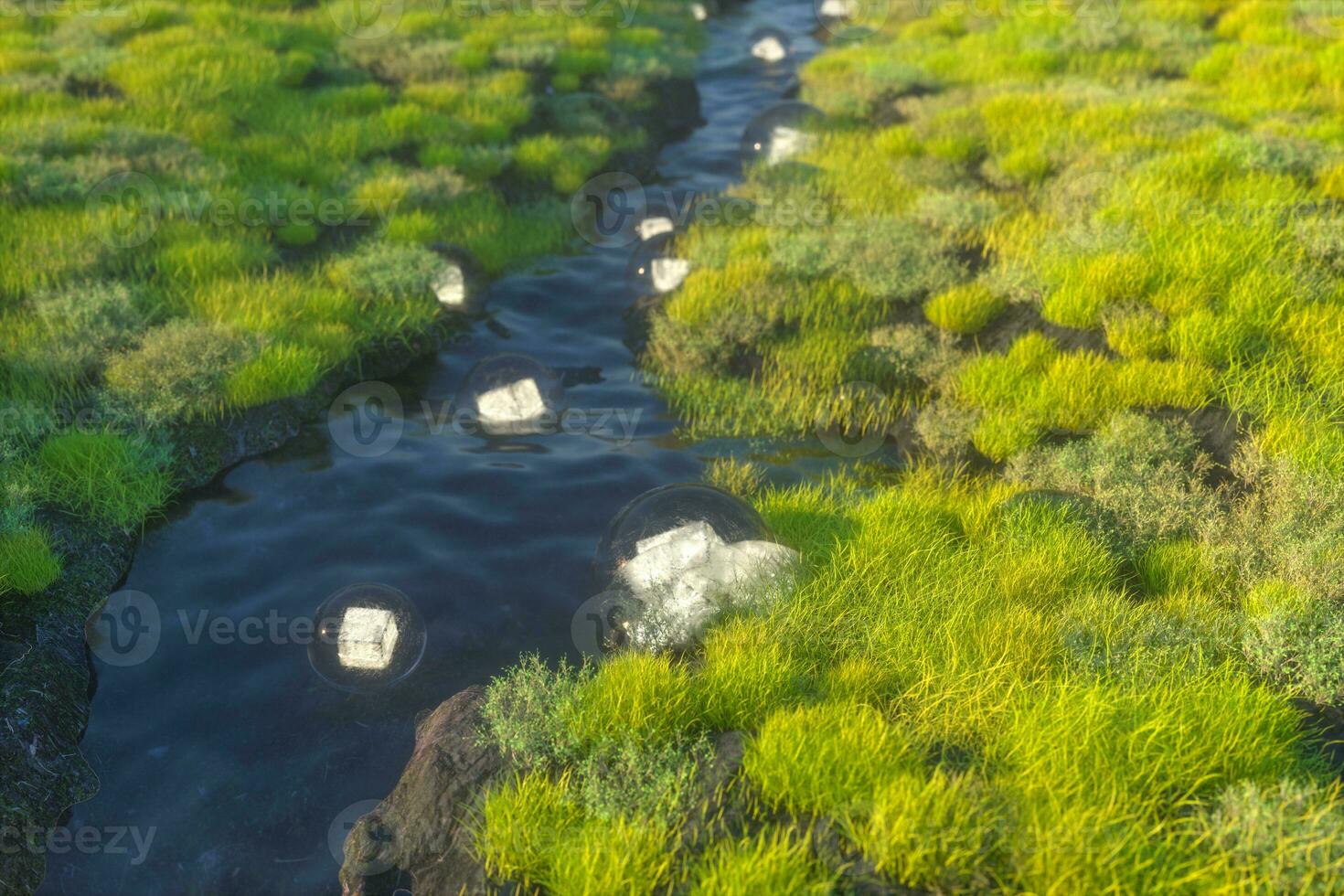 a fantasia lanternas dentro a rio entre montanhas, 3d Renderização foto