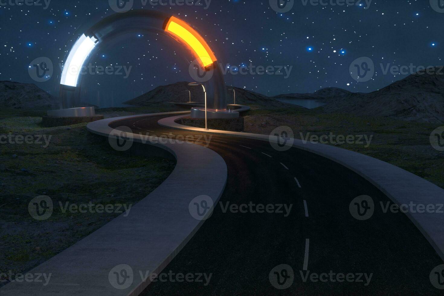 a acenando estrada e a volta Magia Entrada, 3d Renderização. foto