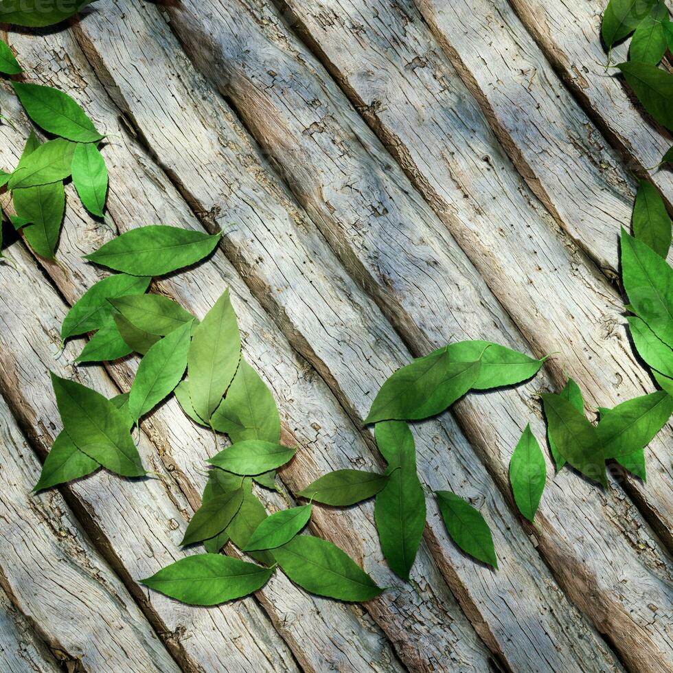 folhas espalhados em a de madeira mesa, 3d Renderização. foto