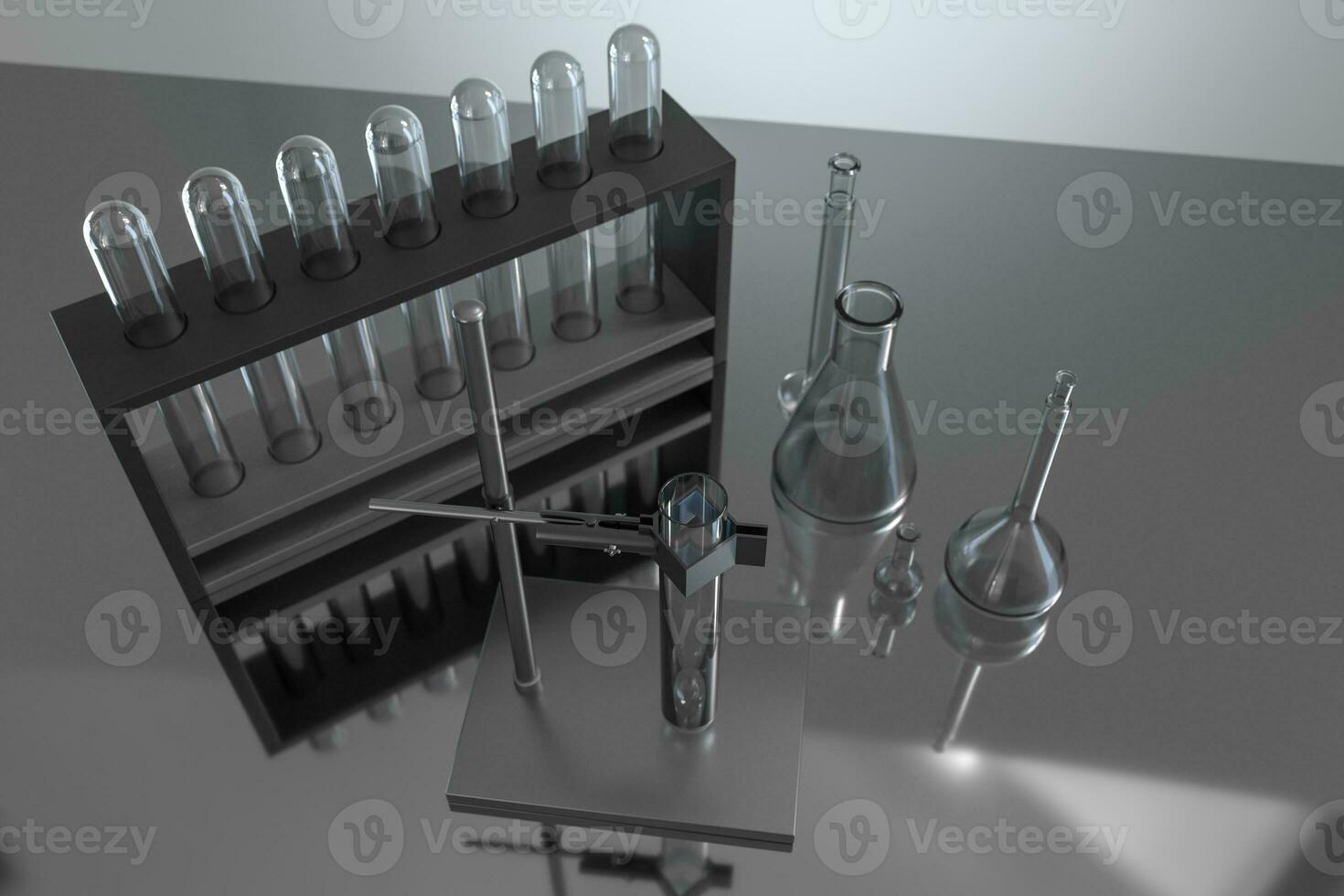 químico instrumentos e reagentes dentro a laboratório, 3d Renderização foto