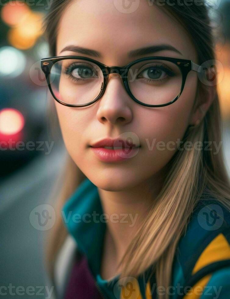 mulher com óculos em pé dentro a rua. pró foto