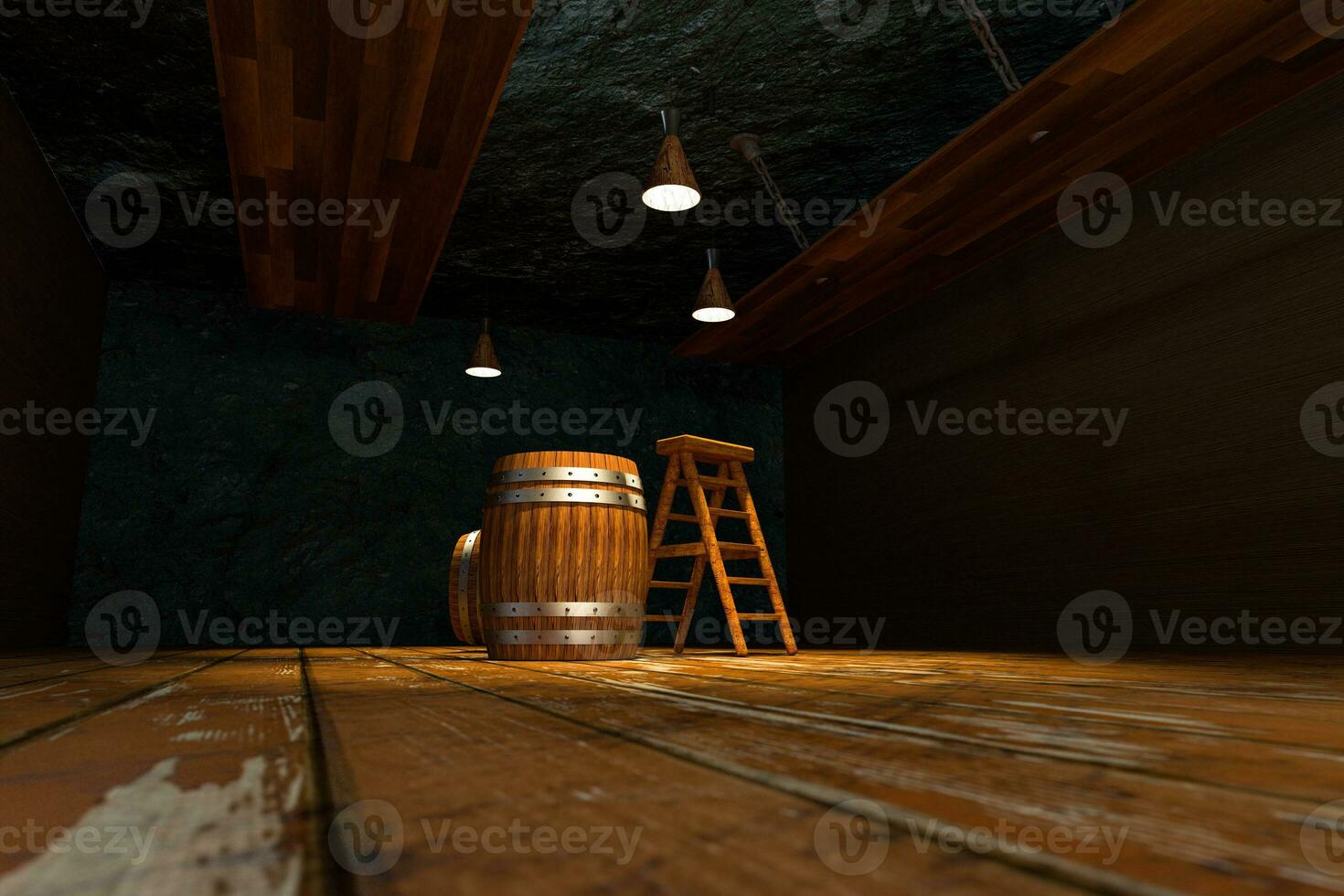 de madeira porão com barris e escada dentro, vintage bebida armazém, 3d Renderização. foto