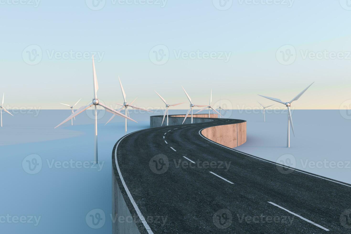 moinhos de vento e enrolamento estrada dentro a abrir, 3d Renderização. foto