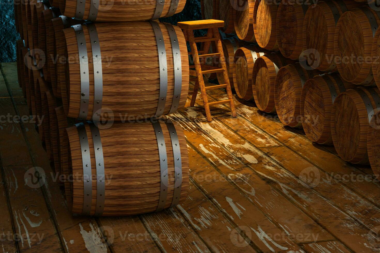 de madeira porão com barris dentro, vintage bebida armazém, 3d Renderização. foto