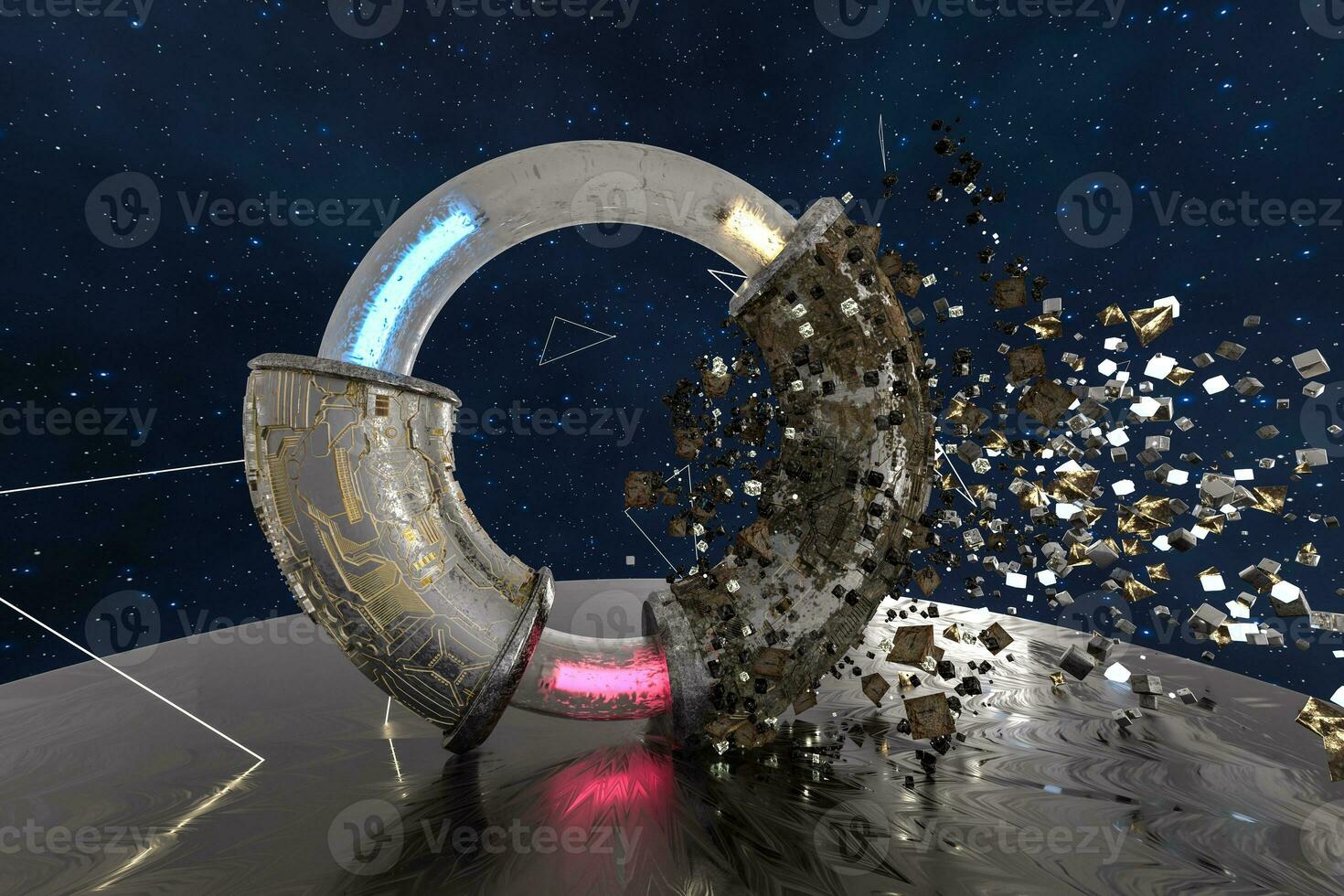 3d Renderização, científico mecânico anel dentro a exterior espaço. foto