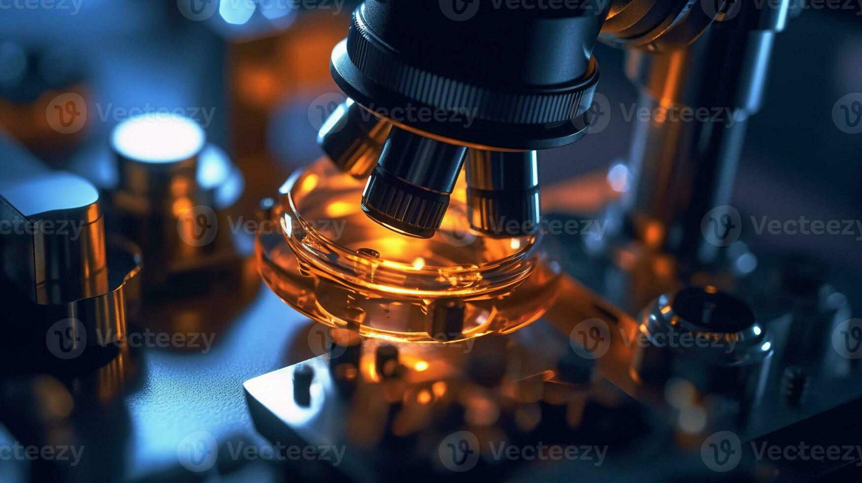 uma moderno microscópio, altamente detalhado, brilhante iluminando ai generativo foto