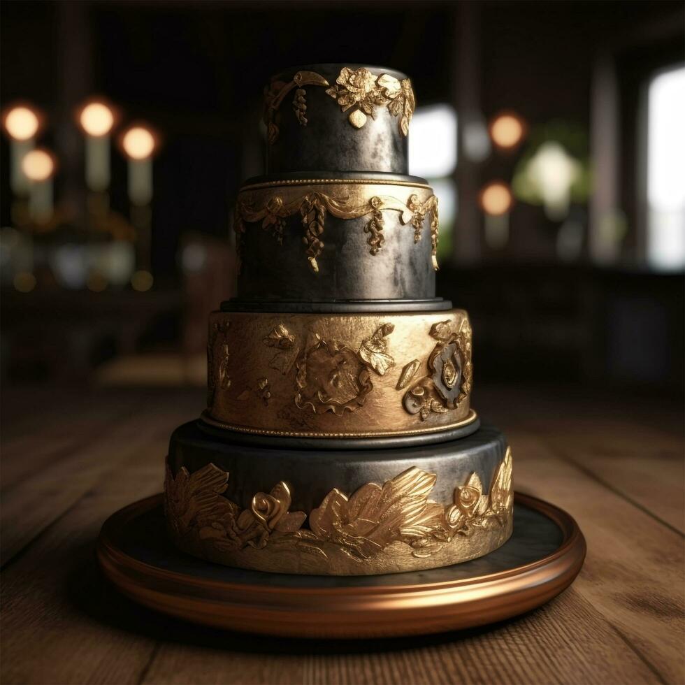 Sombrio gótico estilo 3 camada Casamento bolo dentro ouro e Preto - generativo ai foto
